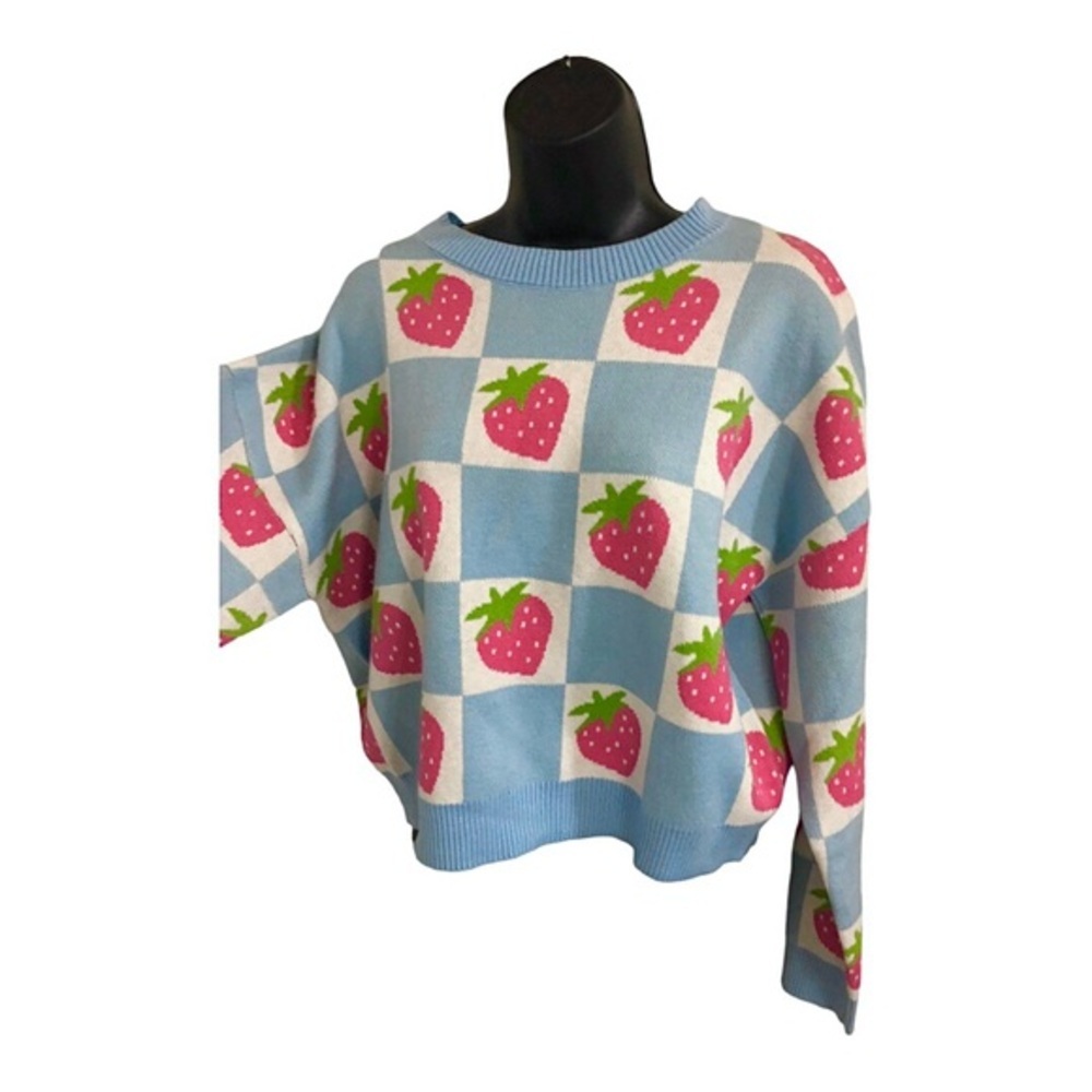 Blue White Strawberry Checkered Pattern Crew Neck… - image 4